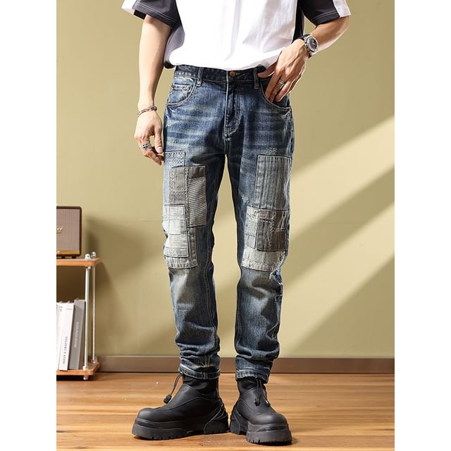Kong Lane-Mid Rise Patchwork Washed Tapered Jeans