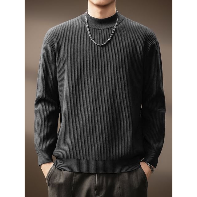 Kong Lane-Mock Neck Ribbed Plain Sweater