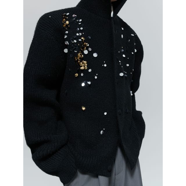 kooklay-Collar Sequin Ribbed Cardigan