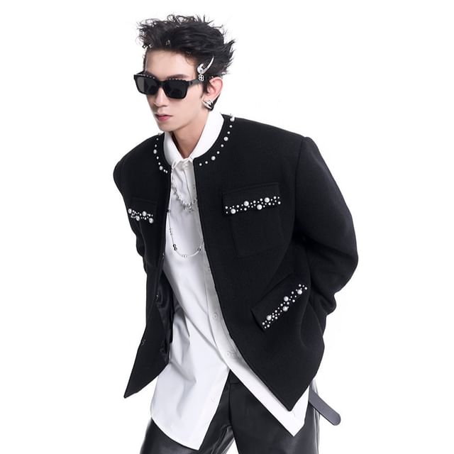 kooklay-Collarless Pearl-Embellished Napoleon Jacket