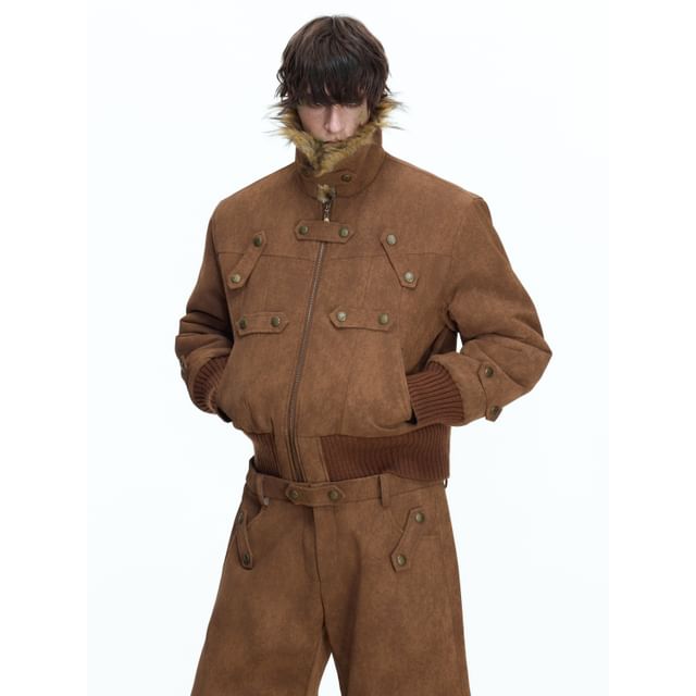 kooklay-Cropped Heavyweight Suede Jacket with Furry-Lining