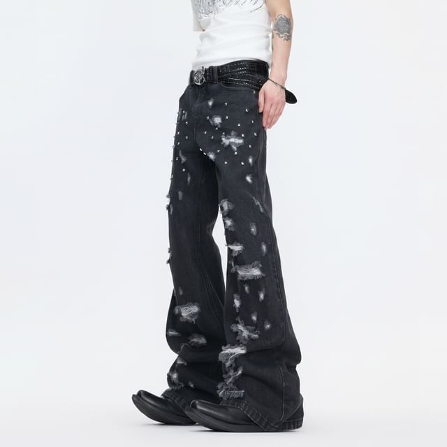 kooklay-Details Distressed Barrel-Leg Jeans with Stud