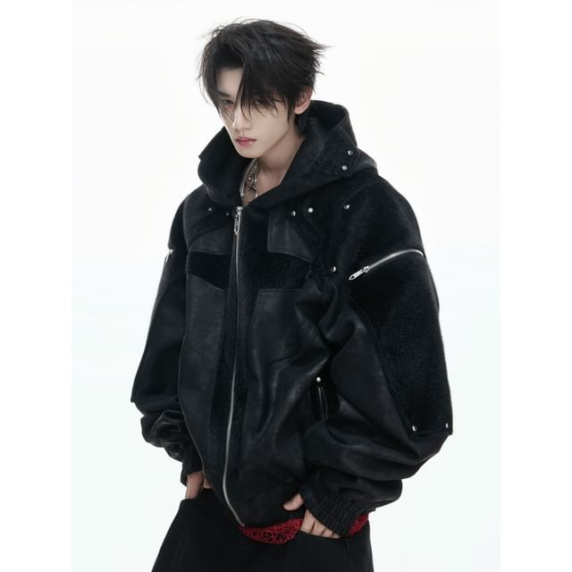 kooklay-Details Patchwork Hooded Pleather Jacket