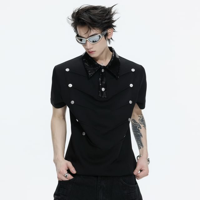 kooklay-Details Sequined-Panel Shirred Polo Shirt with Napoleon-Stud
