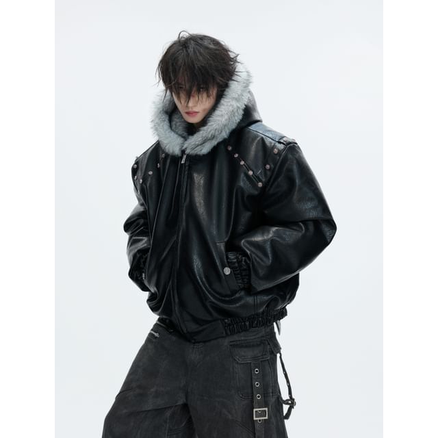 kooklay-Fluffy Hooded Faux Leather Zip Jacket