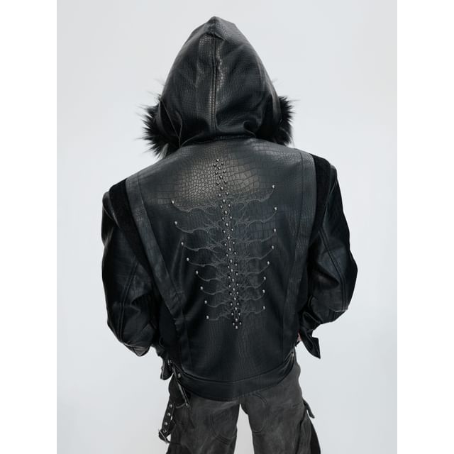 kooklay-Fluffy Hooded Faux Leather Zip Jacket