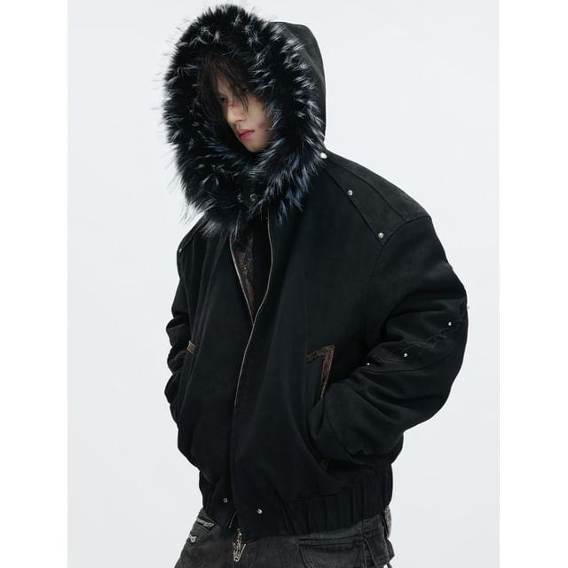 kooklay-Fluffy Hooded Plain Faux Leather Zip Jacket