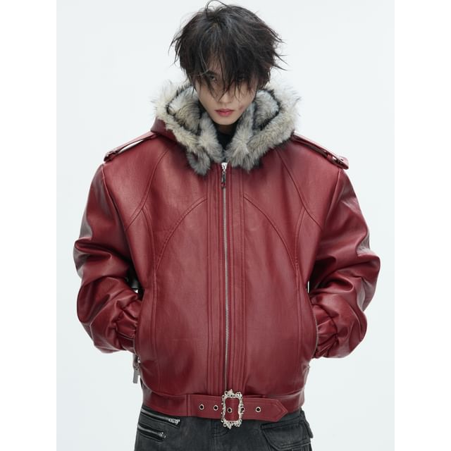 kooklay-Fluffy Hooded Plain Faux Leather Zip Jacket