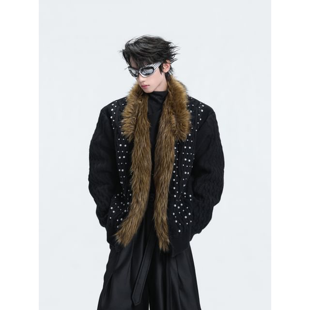 kooklay-Fluffy Trim Faux Pearl Cable Knit Cardigan
