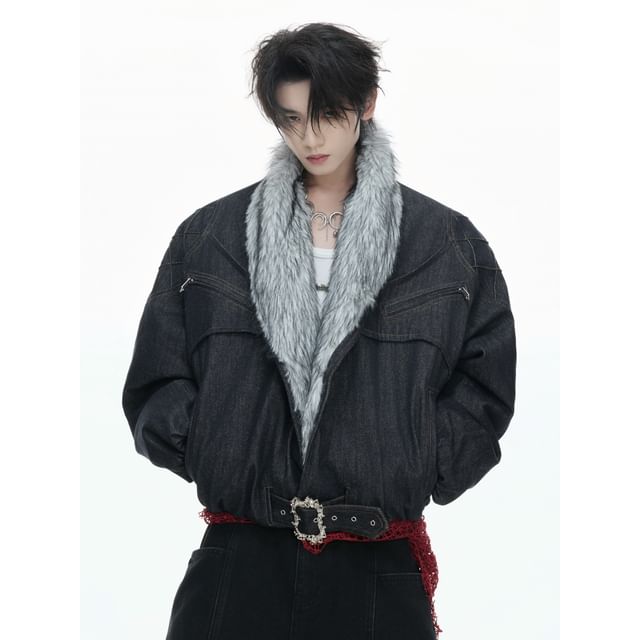 kooklay-Furry-Lining Stitched Denim Parka