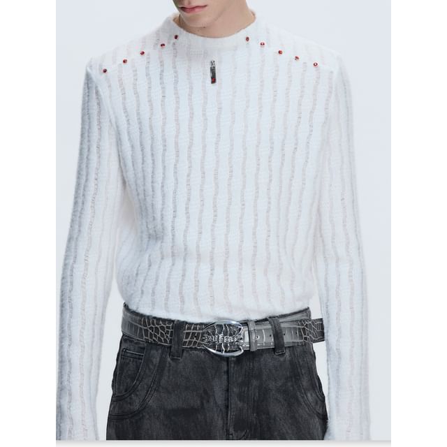 kooklay-Long Sleeve Mock Neck Plain Rhinestone Knit Top