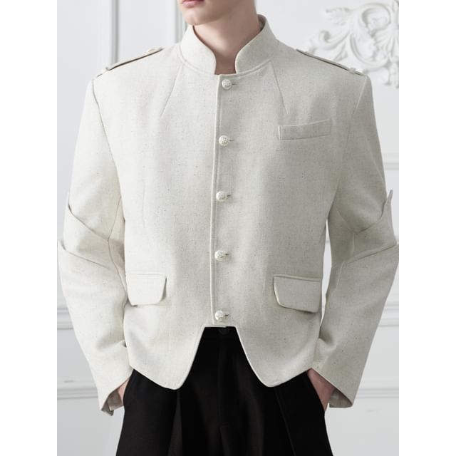 kooklay-Mandarin Collar Padded Shoulder Button Jacket