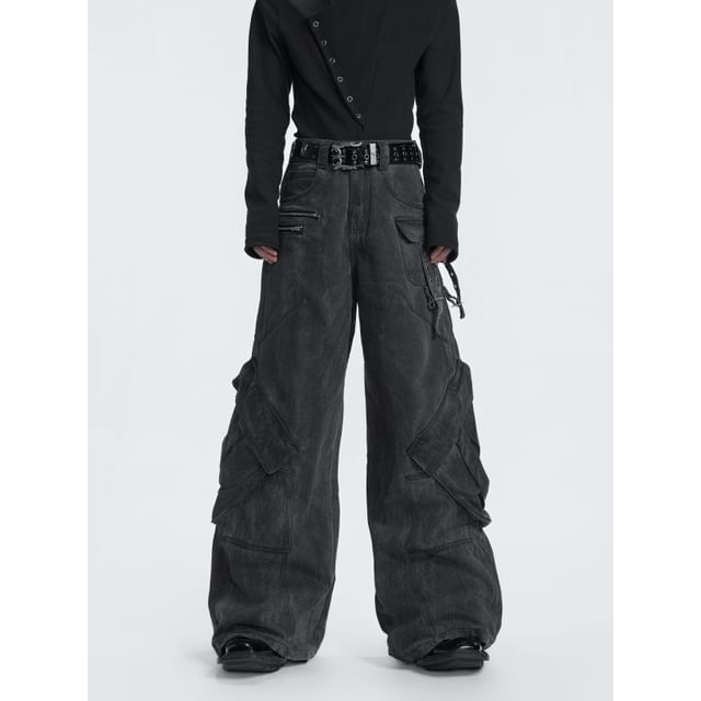 kooklay-Mid Rise Washed Wide Leg Cargo Jeans