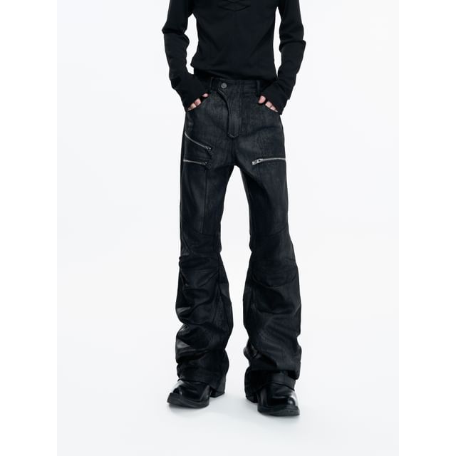 kooklay-Mid Rise Zipped Flared Jeans