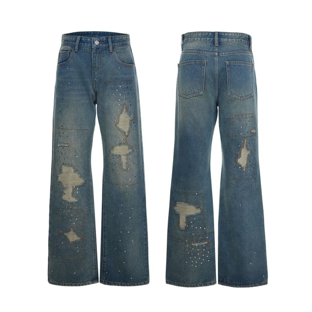 kooklay-Mid Waist Distressed Flared Jeans