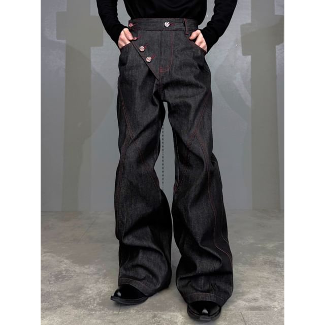 kooklay-Mid Waist Flared Baggy Jeans Collared Button-Up Crop Jacket