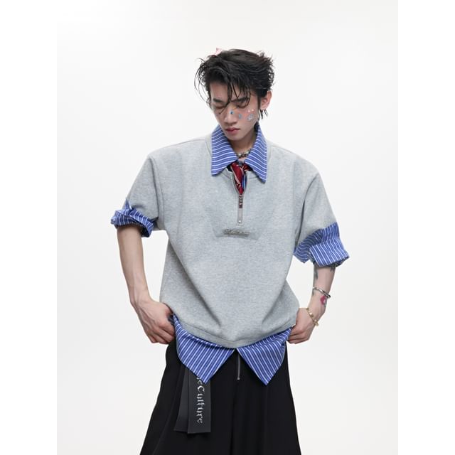 kooklay-Mock Two-Piece 34-Sleeve Collared Striped Panel Half-Zip Slit T-Shirt