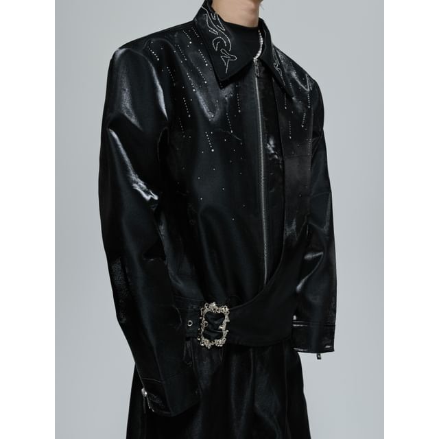 kooklay-Mock Two-PIece Collar Rhinestone Buckled Zip Jacket