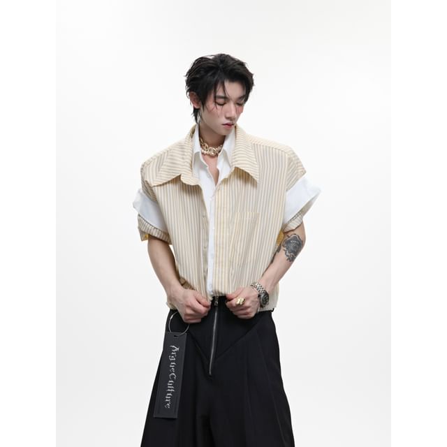 kooklay-Mock Two-Piece Elbow-Sleeve Striped Button-Up Shirt