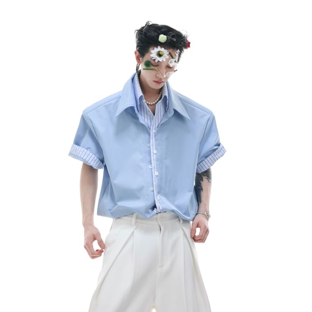 kooklay-Mock Two-Piece Short-Sleeve Striped Panel Shirt