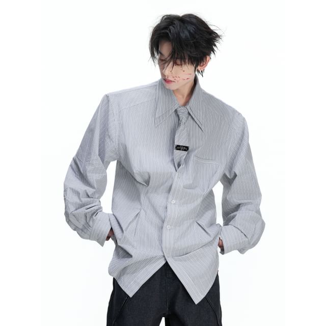kooklay-Padded-Shoulder Striped Slim Shirt with Tie