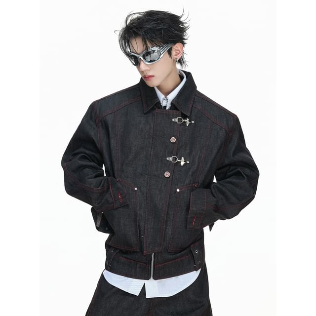 kooklay-Red-Stitch Raw-Denim Jacket with Aircraft-Latch