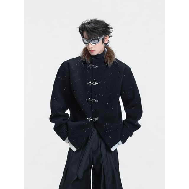 kooklay-Round Neck Contrast Trim Buckled Cardigan