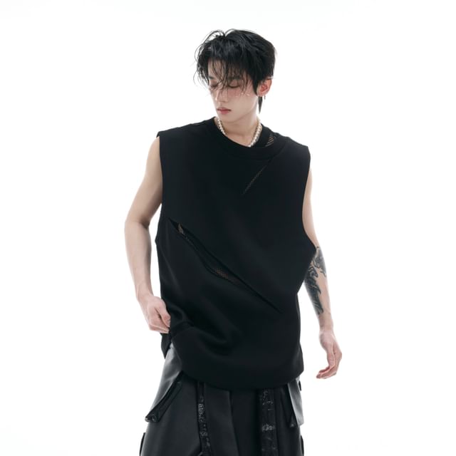 kooklay-Round Neck Mesh Panel Tank Top