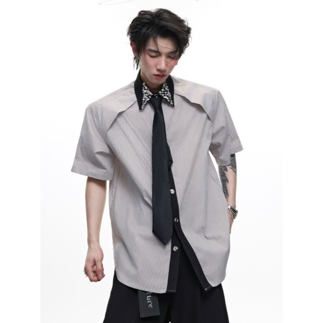 kooklay-Set Elbow-Sleeve Striped Rhinestone Accent Contrast Trim Button-Up Shirt Necktie