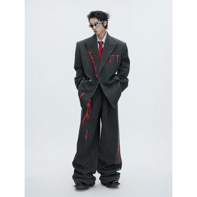 kooklay-Set Lapel Collar Pinstriped Button Blazer High Waist Wide Leg Pants