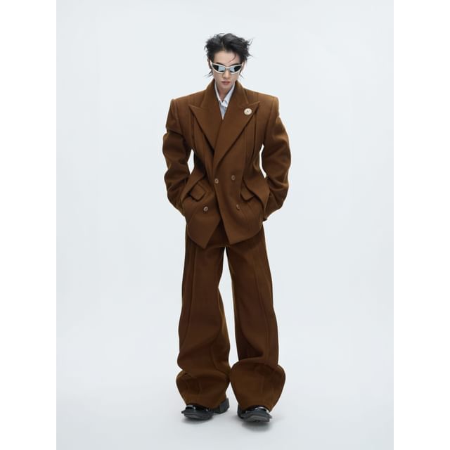 kooklay-Set Lapel Collar Plain Double Breasted Blazer Mid Rise Plain Wide Leg Pants