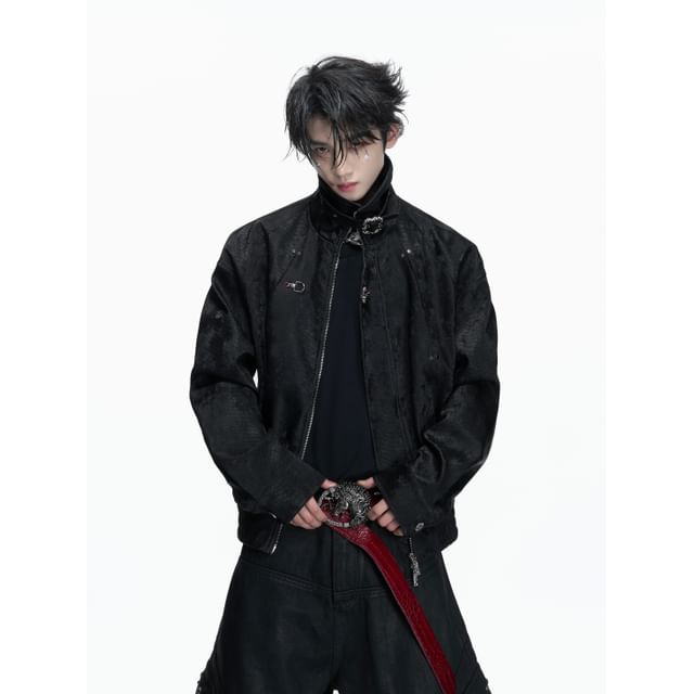 kooklay-Stand Collar Buckled Zip-Up Plain Faux Leather Jacket