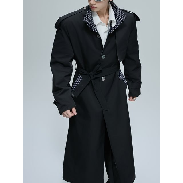kooklay-Stand Collar Striped Panel Midi Single-Breasted Trench Coat