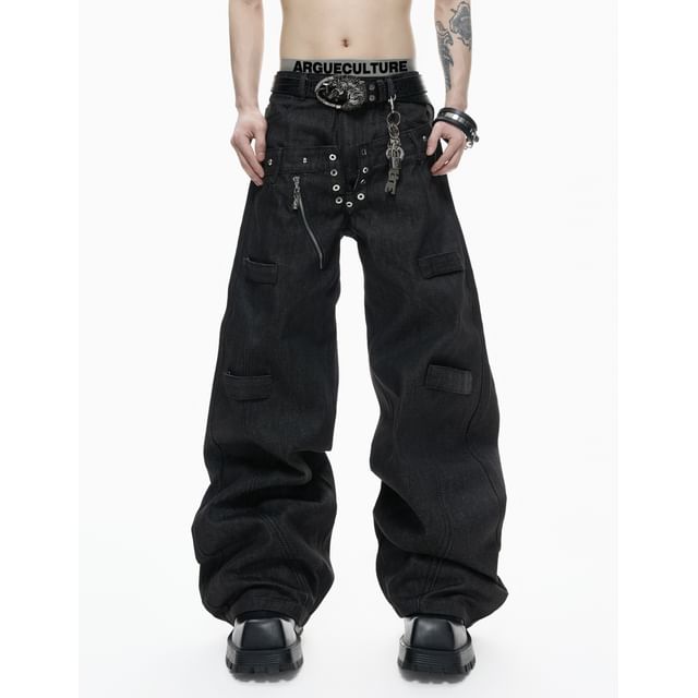 kooklay-Waistline-Detail Raw-Denim Pants with Stud
