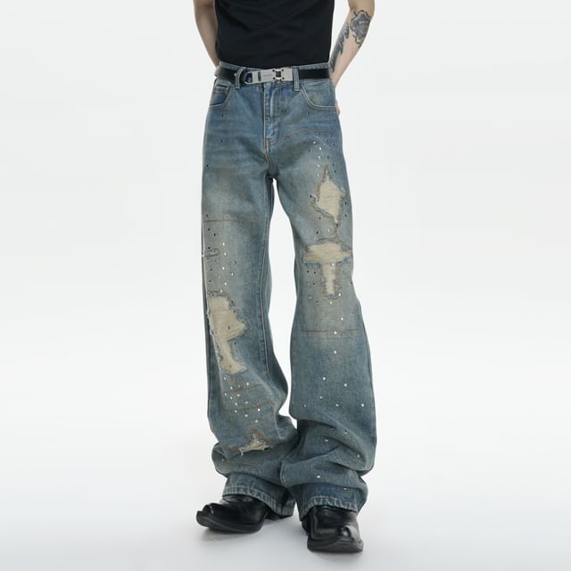 kooklay-Washed Distressed Wide-Leg Jeans with Stud