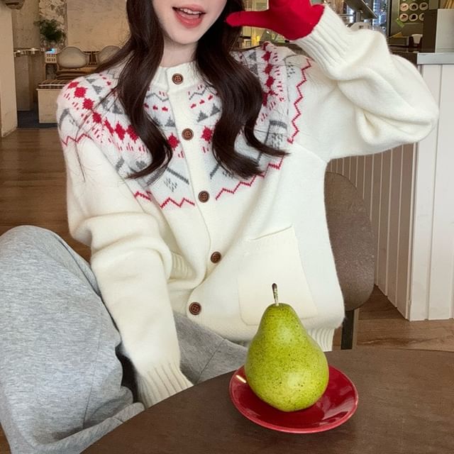 KUMI-Argyle Print Button-Up Cardigan