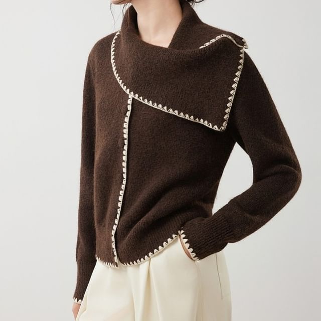 KUMI-Asymmetrical Neck Plain Contrast Stitching Cardigan