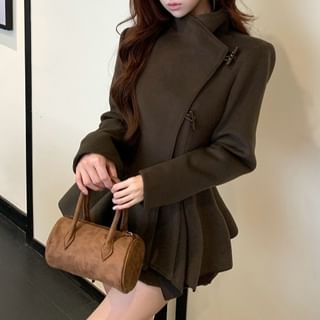 KUMI-Asymmetrical Plain Collared Duffle Jacket