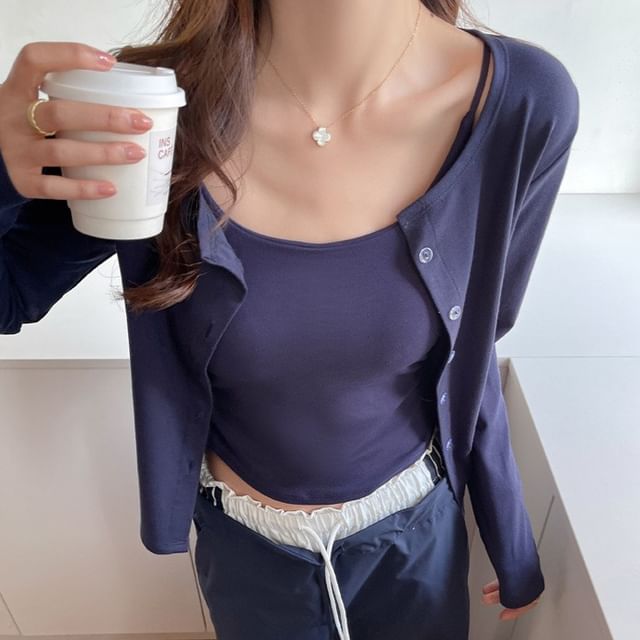 KUMI-Button-Up Plain Cardigan
