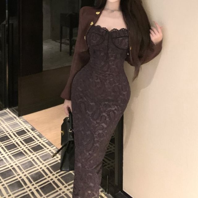 KUMI-Button-Up Plain Crop Jacket Spaghetti Strap Lace Maxi Bodycon Dress Set