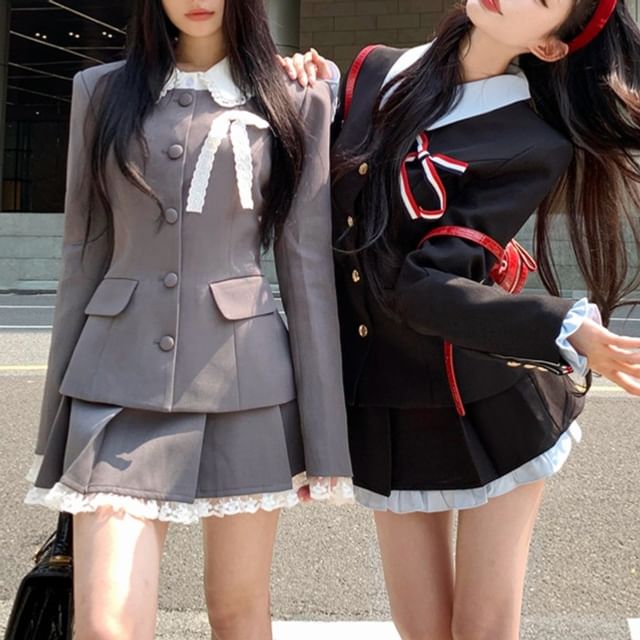 KUMI-Button-Up Plain Jacket Mini Pleated Skirt