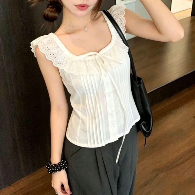 KUMI-Cap-Sleeve Square-Neck Pintuck Button-Up Blouse