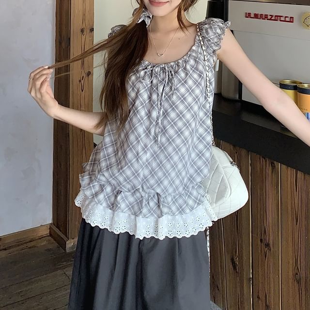 KUMI-Cap-Sleeve Square Neck Plaid Blouse