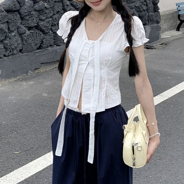 KUMI-Cap Sleeve Tie Neck Plain Blouse Drawstring Waist Two Tone Ruffle Wide Leg Pants