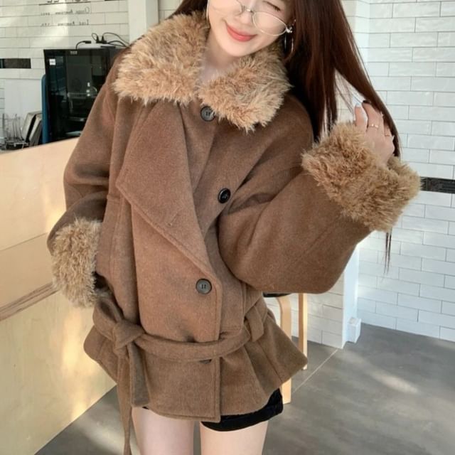 KUMI-Collar Fleece Panel Sashed Button Jacket