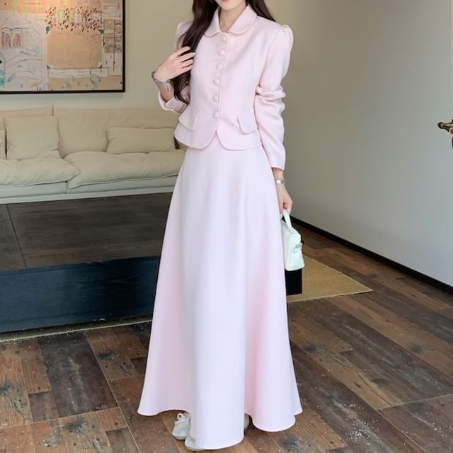 KUMI-Collar Plain Button Jacket High Waist Maxi A-Line Skirt