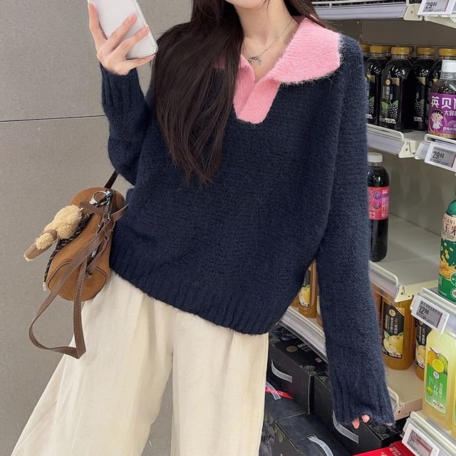 KUMI-Collar Plain Contrast Trim Sweater