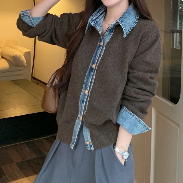 KUMI-Collar Plain Denim Patchwork Cardigan