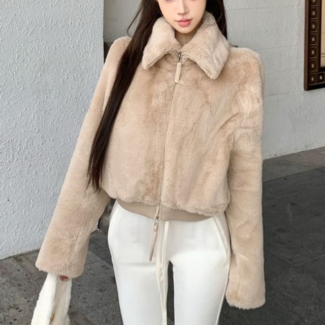 KUMI-Collar Plain Fleece Zip Jacket