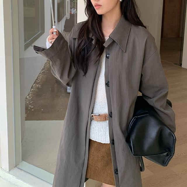 KUMI-Collared Button-Up Plain Trench Coat